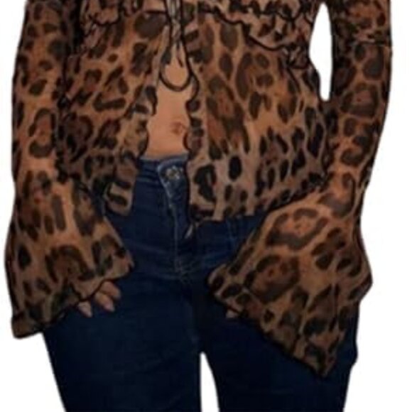 Sheer Mesh Top Leopard Cardigan Cheetah Y2K Ruffle Tie Front Blouse Large NWT - Picture 3 of 9